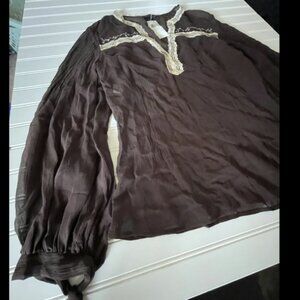 NWT MaxAzria Collection 100% Silk Brown Ruffle Sheer Blouse Sz M $148
